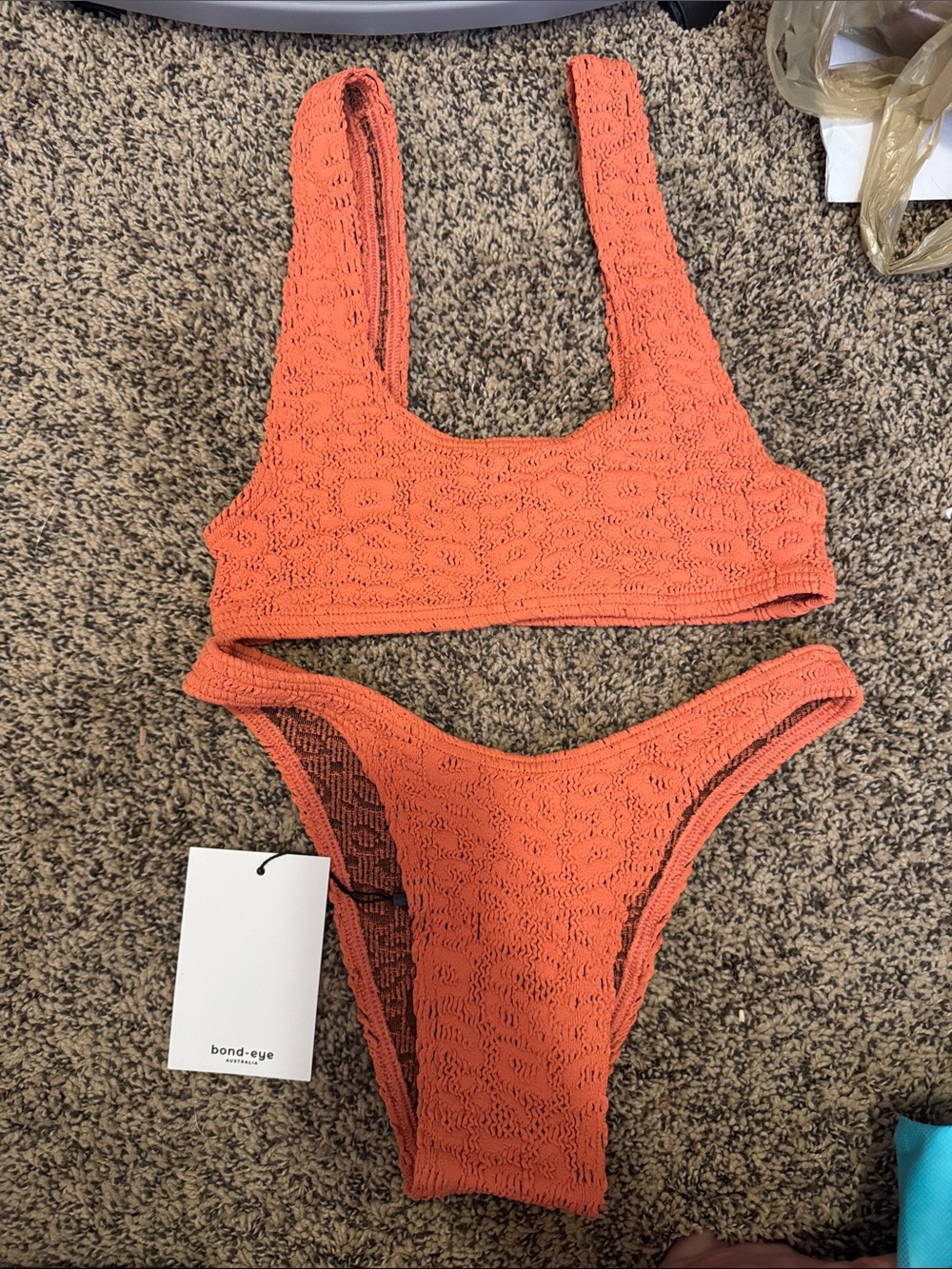bond-eye Malibu Crop Bikini Top and Scene Brief bottoms in Amber Leopard